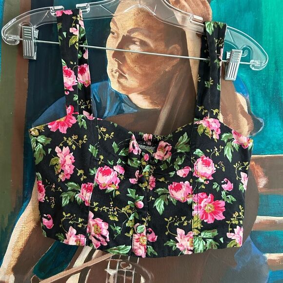 Parisian Black and Pink Floral Tank Top Cropped M - Picture 8 of 10